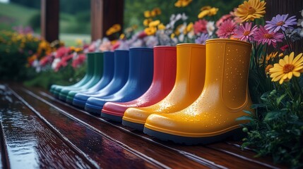 Colorful rain boots on wooden bench surrounded by vibrant garden flowers after rain