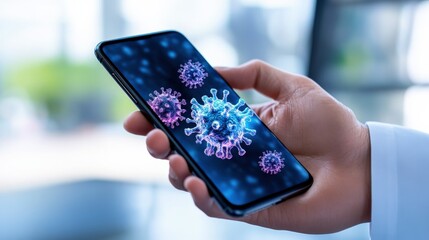 a hand holding a smartphone, with the screen covered by floating purple bacteria. importance of hygiene and disinfection in the digital age.