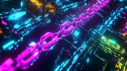 3D Blockchain Network Visualization with Glowing Digital Chains and Nodes