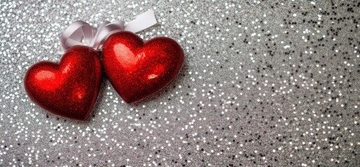 Two red glitter hearts tied with ribbon on silver glitter background; Valentine's Day card
