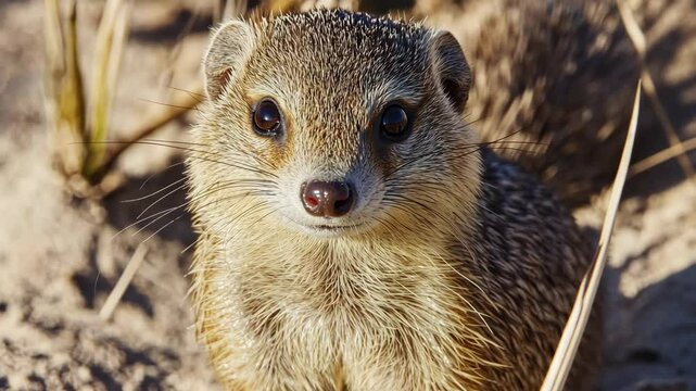 Cute mongoose sits on sandy ground in a natural habitat during daylight hours