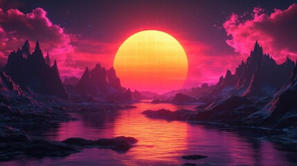 Futuristic Sci-Fi Landscape with a Pink Sun. Generative AI
