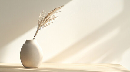 Modern minimalist vase neutral tones single dried pampas grass elegant interior decor clean background soft shadows