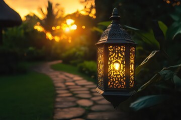 Ornate lantern glowing in the evening light along a serene garden path at sunset