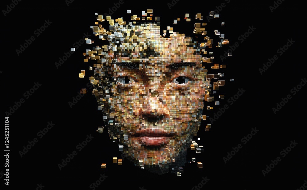 Poster a vibrant digital art portrayal of a human face constructed from golden and metallic cubes, symboliz