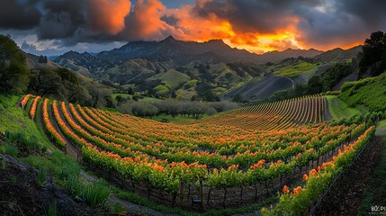 Fototapeta premium Sunset Over Scenic Vineyard Landscape
