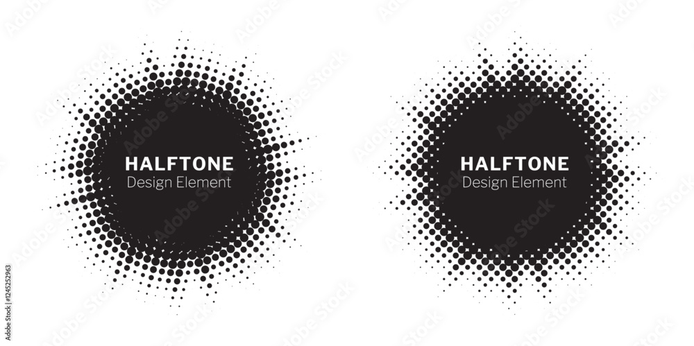 Fototapete Halftone circle frame background set. Round border Icon using halftone random circle. Grunge circular stain. Vector illustration.