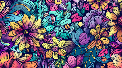 Vibrant floral pattern featuring a variety of colorful flowers and swirling leaves, ideal for backgrounds