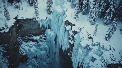 Frozen waterfall, winter canyon, aerial view, snow-covered trees, nature background