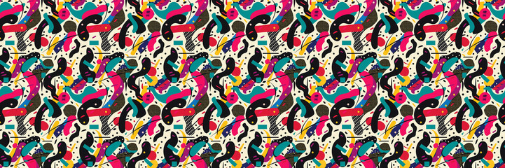 Fototapeta premium Seamless pattern with geometric shapes in the style. Multicolored vintage background with triangles, circles and squares for textile, fabric and Sudanese fabric art.