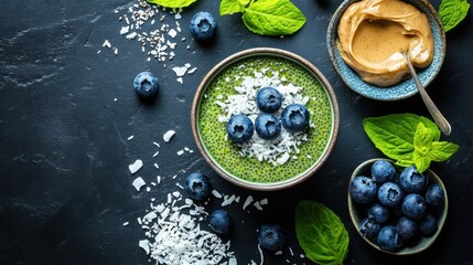 Delicious Green Chia Pudding with Blueberries and Coconut