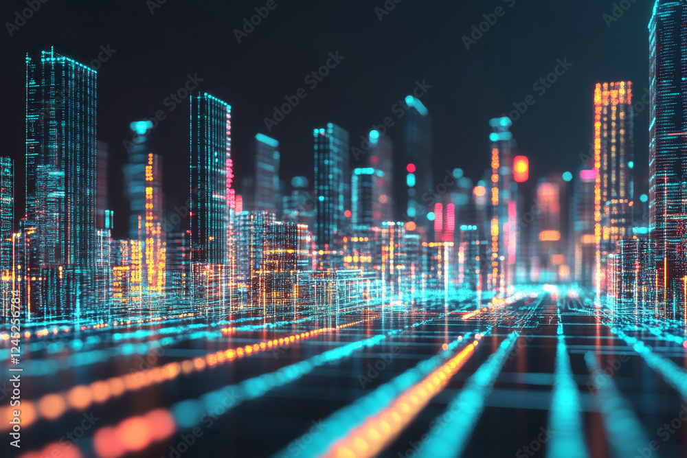 Wall mural Futuristic cityscape with glowing digital elements