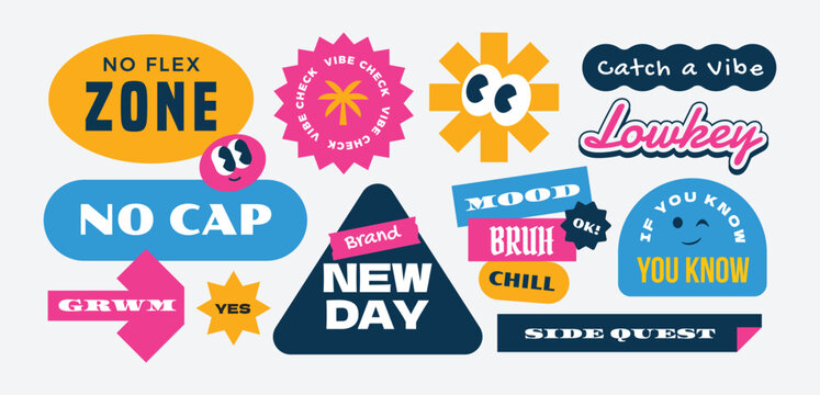 Vintage groovy and hipster gen z millenials slang words stickers, patch, label collection y2k style.