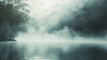 Obraz premium Misty Morning Lake Landscape: A Serene Nature Scene