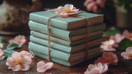 Vintage books tied with twine surrounded by pink flowers on wooden table