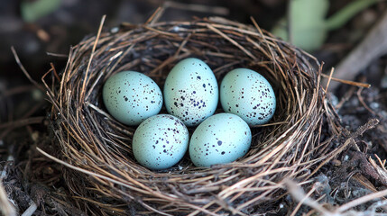 Obraz premium Speckled Bird Eggs in a Rustic Nest: A Close-Up View of Nature's Beauty
