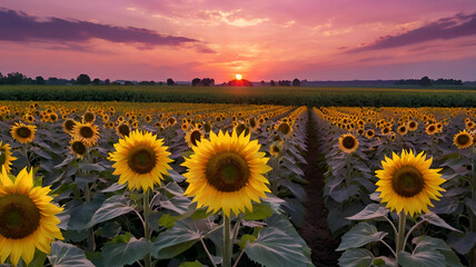 Obraz premium A vibrant sunflower field stretching endlessly under a pink and purple sunset.