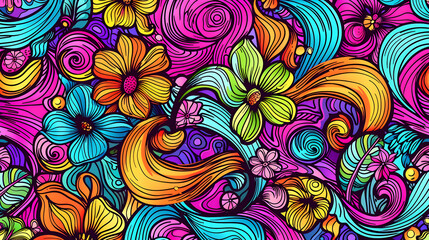 Vibrant floral pattern with swirling colors, showcasing a lively artistic design ideal for backgrounds