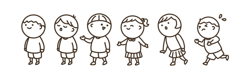 列に並ぶ子供たちのシンプルイラスト　線画