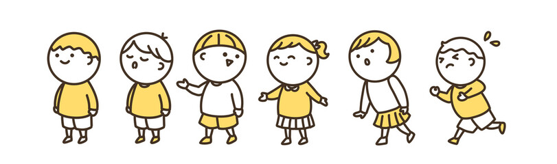 列に並ぶ子供たちのシンプルイラスト　イエロー