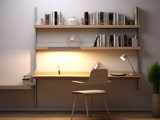 Minimalist Home Office with Wooden Desk and Bookshelf