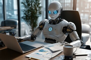 Futuristic Robot Working on Laptop in Modern Office Environment with Charts and Coffee
