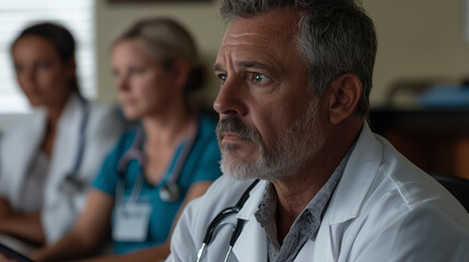 Fototapeta premium medical team intently collaborating, reflecting concern and determination in hospital setting, focused on patient well being