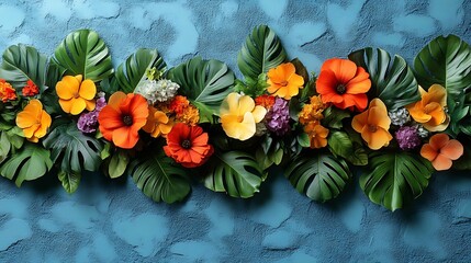 Vibrant Tropical Flowers and Monstera Leaves Arrangement