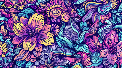 Vibrant floral pattern with intricate designs, showcasing colorful flowers and leaves on a dark background