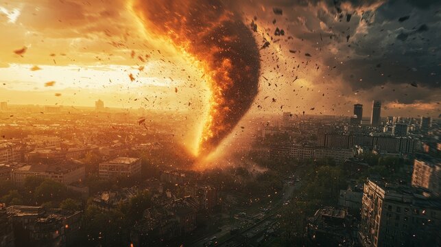 Intense fiery tornado swirling over cityscape at sunset
