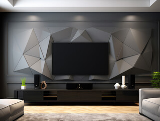 Fototapeta premium Modern Home Theater with Geometric 3D Wall Panel and Black Entertainment Center