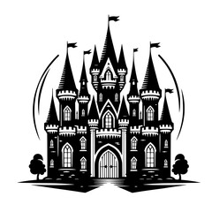 Majestic Castle Silhouette: A regal black and white illustration of a grand fairytale castle, complete with turrets, flags, and imposing gates, evokes a sense of timeless majesty and fantasy.  