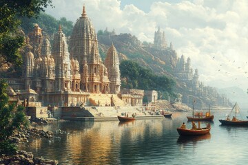 Fototapeta premium Temple River Boats India Sunrise Peaceful Tourism