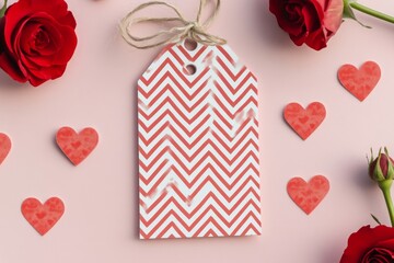 Red chevron gift tag, roses, hearts; Valentine's Day card mockup