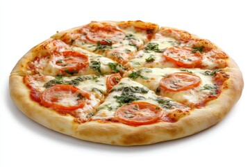 Freshly Baked Pizza with Tomato, Cheese, and Spinach Toppings