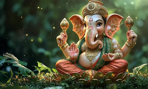 Ganesha statue, seated, lush foliage background, Hindu deity