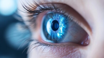 Close-up of a blue eye, looking towards a blurred technological background, ideal for medical, technology, or science concepts