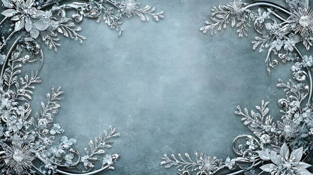 Silver Floral Frame on Dusty Blue Background