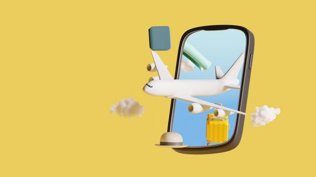Travel booking online on mobile phone concept. Plane with travel accessories on yellow background. 3D loops animation 