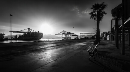 cargo ship docked at port during sunset, with palm trees and containers. scene captures serene atmosphere with dramatic lighting