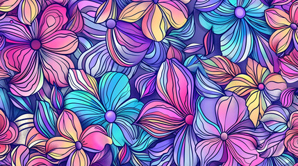 Vibrant floral pattern featuring colorful flowers in various shapes and sizes on a dark background
