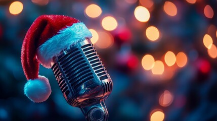 Festive christmas microphone with santa hat and colorful holiday lights in background
