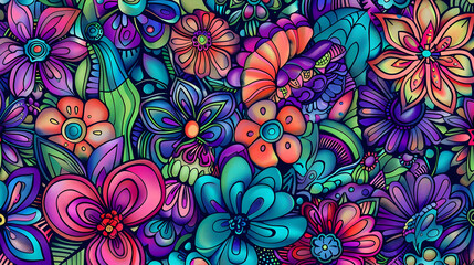 Vibrant floral pattern featuring a variety of colorful flowers in a dynamic arrangement, ideal for backgrounds