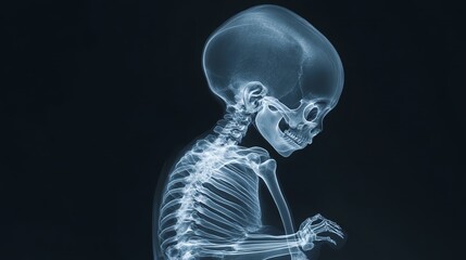 X-ray image of a smiling infant skeleton.