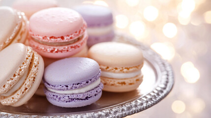 Obraz premium French macarons stacked delicate pastel colors creamy filling crisp shell elegant bakery dessert fine patisserie