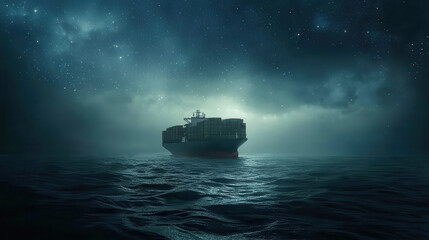 Obraz premium cargo ship sailing under starry sky, surrounded by calm waters, evokes sense of adventure and tranquility