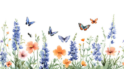 Fototapeta premium A delicate watercolor illustration of vibrant blue and orange flowers blooming in a field with butterflies fluttering above. The composition evokes a sense of tranquility and the beauty of nature.