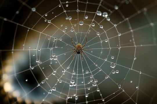 Delicate spider web glistening among autumn leaves, capturing natural beauty, intricate patterns, and peaceful woodland atmosphere