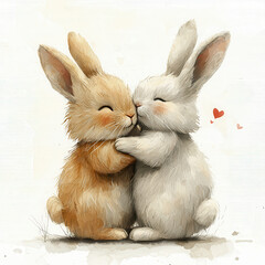 Fototapeta premium Sweet Bunny Hug: Two adorable bunnies, one light brown and one white, embrace in a tender hug, their eyes closed in contentment. Small red hearts float gently above them.