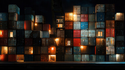 vibrant display of stacked cargo containers illuminated at night, showcasing various colors and textures